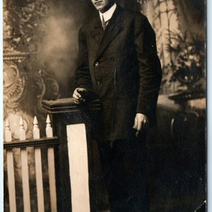 ID'd c1910s Handsome Pondering Man RPPC Tall Gentleman Real Photo Ed Plugh A159
