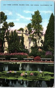 1930s SAN DIEGO BALBOA PARK CALIFORNIA LILY POND LAGOON LINEN POSTCARD 42-187