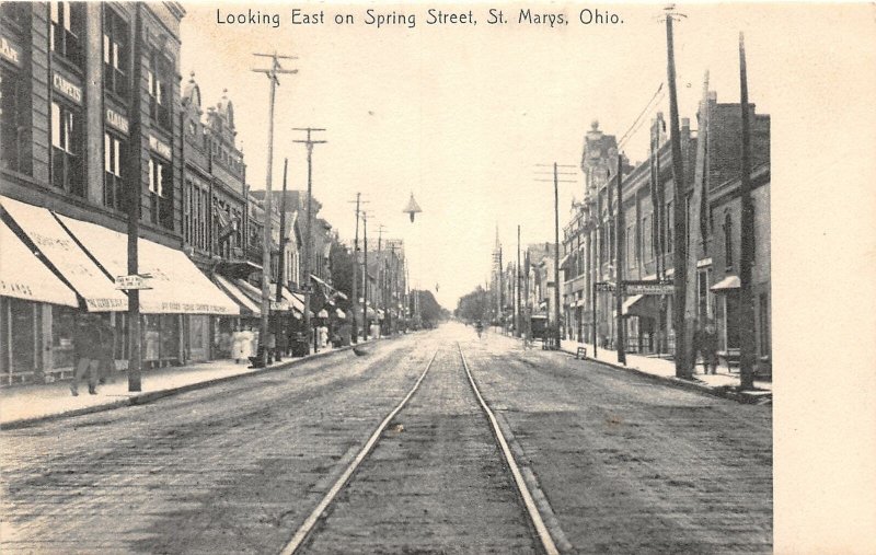 J27/ ST Marys Ohio Postcard c1910 Looking East Spring Street Stores 320