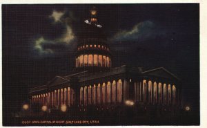 Vintage Postcard 1930's State Capitol At Night Salt Lake City Utah UT