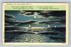 Asbury Park NJ-New Jersey, Moonlight On Ocean, Boats, Poem Linen c1940 Postcard 