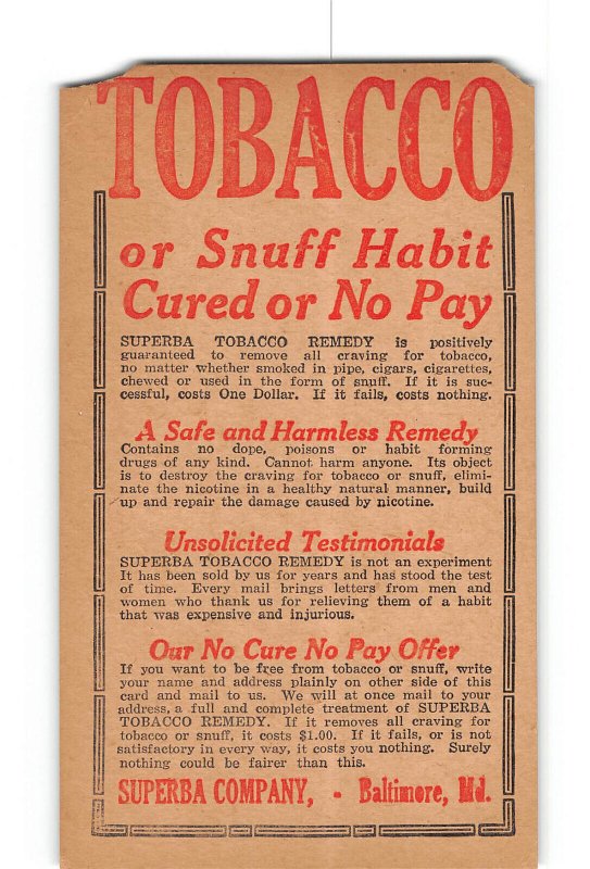 Baltimore Maryland MD Vintage Postcard Superba Co. Tobacco Remedy Advertisement