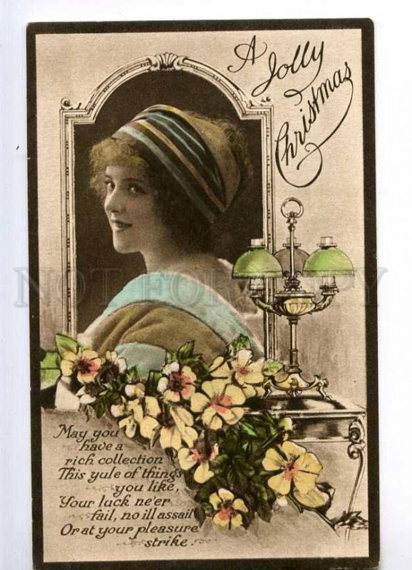 234591 ART NOUVEAU Girl w/ Lamp CHRISTMAS Vintage postcard