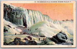 Vtg Niagara Falls New York NY American Falls In Winter 1930s Linen Postcard