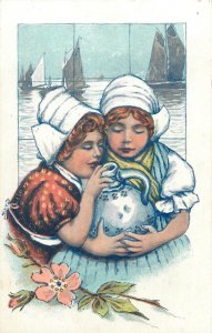 Emboss lovely dutch folk types drawn girls costumes Netherlands vintage postcard