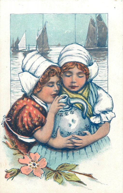 Emboss lovely dutch folk types drawn girls costumes Netherlands vintage postcard 