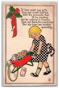 1916 Christmas Girl Pushing Cart With Gifts Gibson Ashland Illinois IL Postcard