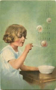 Soap bubbles drawn girl portrait vintage postcard Italy