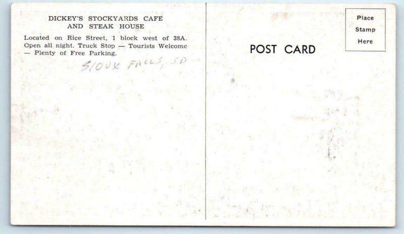 SIOUX FALLS, SD South Dakota ~ Roadside Dickey's STOCKYARD CAFE c1950s  Postcard