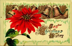 Poinsettias with Bells, Icicles gold gel Christmas Postcard 1913