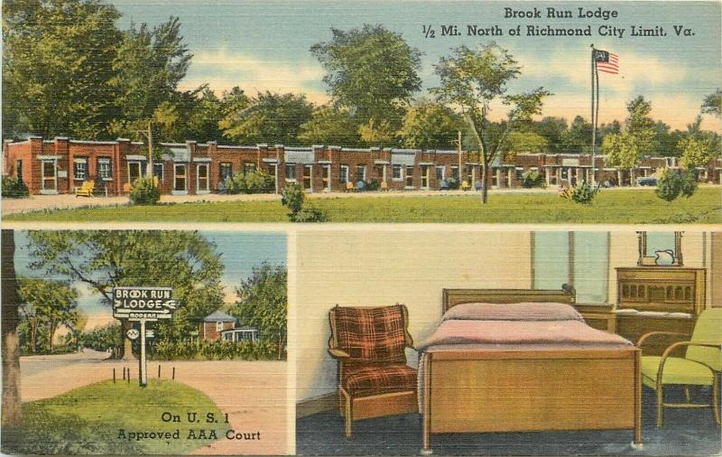 Linen Postcard Multi-View Brook Run Lodge Motel US 1 Richmond VA unposted Nice
