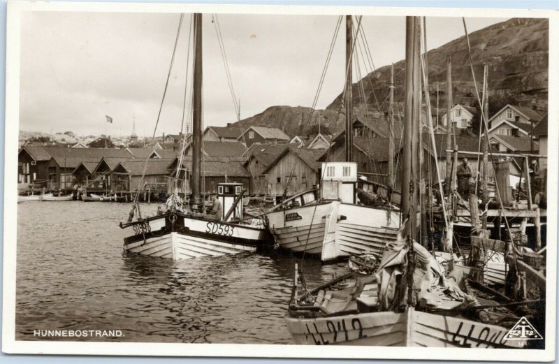 Fishing Boats in Hunnebostrand, Sweden rppc 1947 postcard