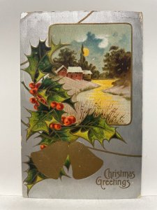Christmas Embossed Holly Berries Silver Foil Winter Scene Antique 1909 Postcard