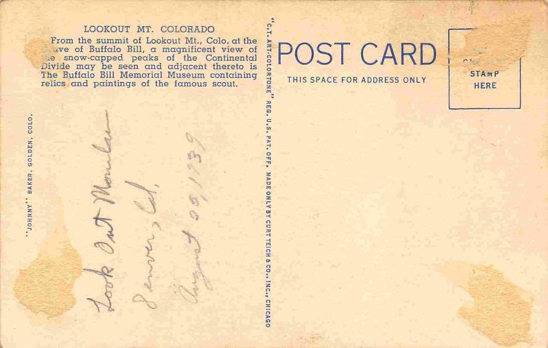 Greetings From Lookout Mountain Colorado 1939 linen postcard