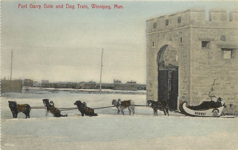 Hand-Colored Postcard; Fort Garry Gate & Dog Sled Team, Winnipeg MN Canada