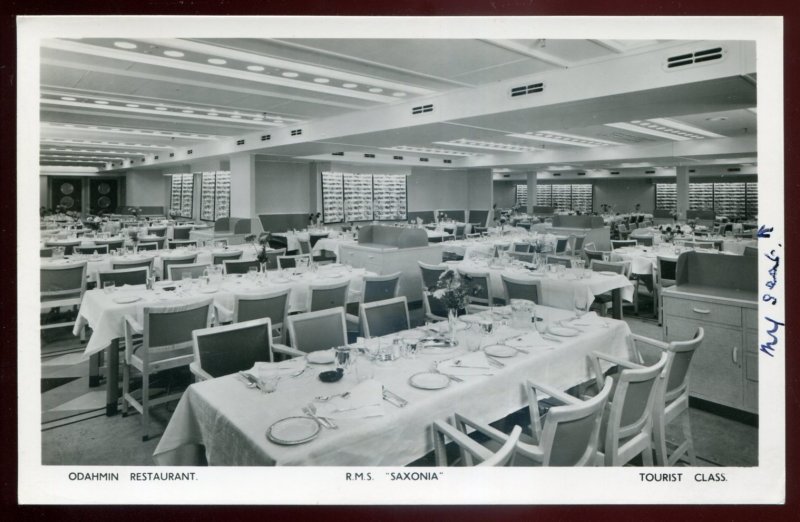 h952- Steamer RMS SAXONIA 1950s Interior Odahmin Restaurant. Real Photo Postcard