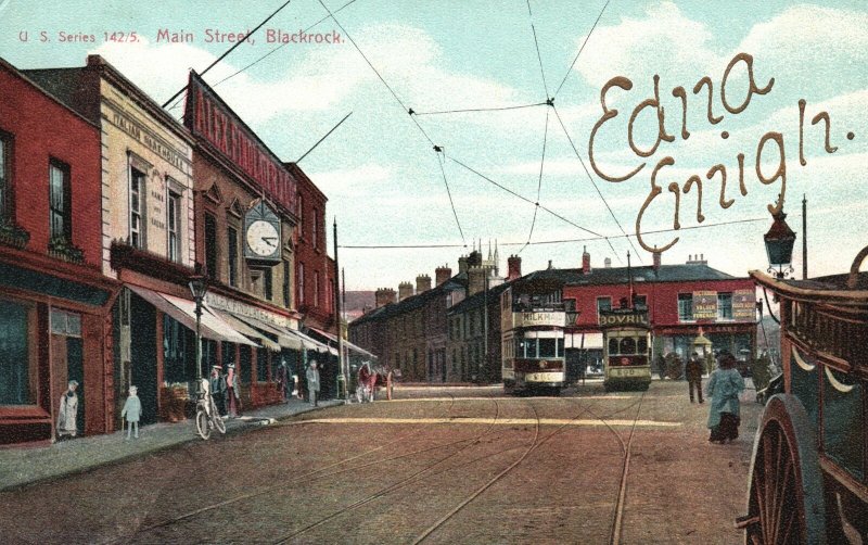 Vintage Postcard 1909 Blackrock Main Street Dublin Ireland F. Von Bardeleben 