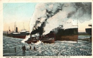 Tugs Record & Sinclair Breaking Ice DULUTH HARBOR Minn. Vintage Postcard c1920