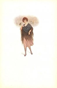 Lady with shawl. Landscape Rare, Old vintage Italian artist drawn postcard
