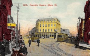 Fountain Square, Elgin, Illinois Street Scene Streetcars 1910 Vintage Postcard