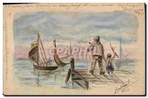 Old Postcard Boat (drawing hand) Marin Fisherman Child