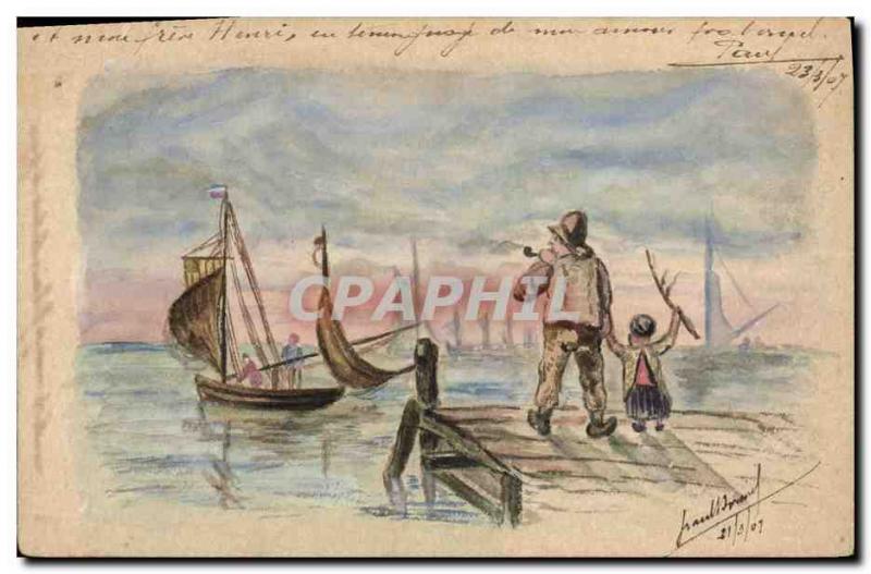 Old Postcard Boat (drawing hand) Marin Fisherman Child
