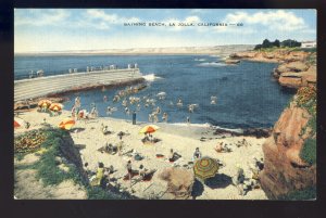 La Jolla, California/CA Postcard, Swimmers At Bathing Beach, Colorful Umbrellas