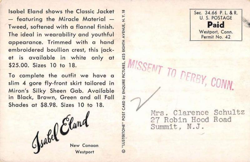 New Canaan Connecticut Isabel Eland Tweed Jacket Ad Vintage Postcard KA688424