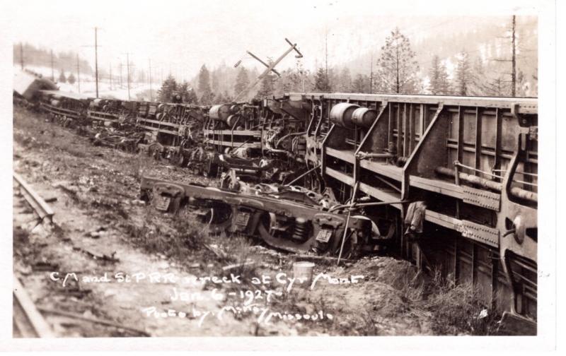 TRAIN WRECK AT CYR, MONTANA, 1927.