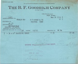 1910 Antique Letterhead - The B.F. Goodrich Company - New York