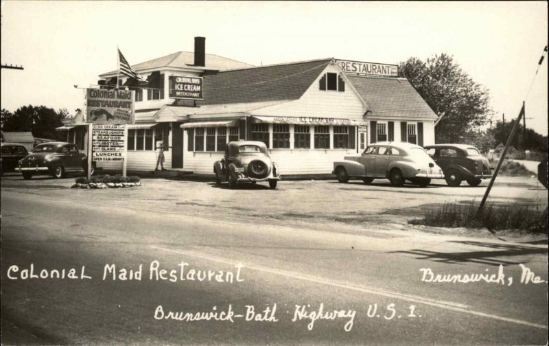 Brunswick ME Colonial Maid Restaurant Cars Roadside Real Photo Postcard