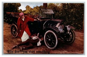 Vintage 1910's Comic Postcard - Man Fixing Antique Car - Woman Watches - Funny