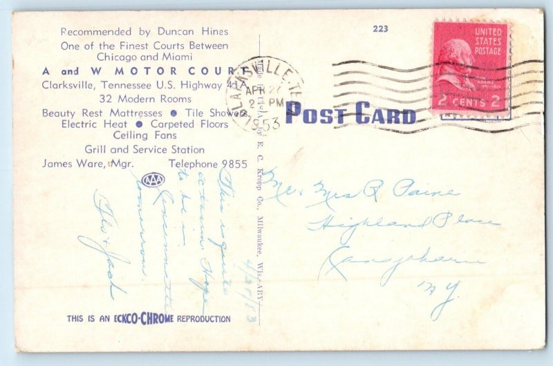 1953 Clarksville Tennessee TN Vintage Postcard A. W. Motor Court Building Posted