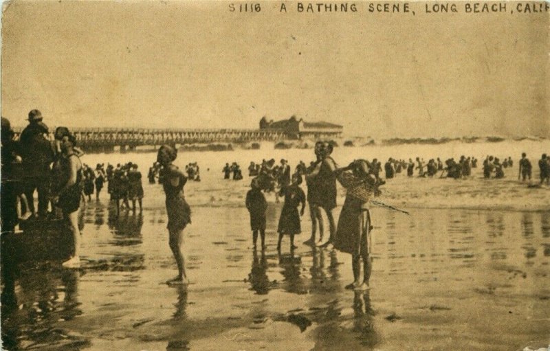 1911 Bathing Scene, Long Beach California Vintage Postcard