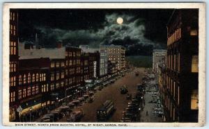 AKRON, Ohio OH  MAIN STREET from BUCHTEL HOTEL  Night, Full Moon 1920s Postcard