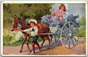 1910's With Kind Remembrance Boy Girl Horse Carriage Posted Postcard