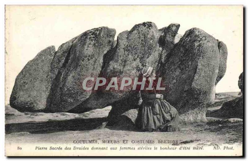 Old Postcard Dolmen Menhir Pierre sacred Druid giving young girls sterile hap...