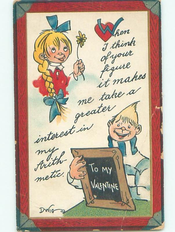 Pre-Linen Valentine signed DWIG - GIRL HOLDS FLOWER & BOY HOLDS SLATE AB2827