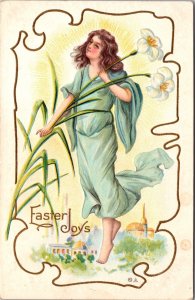 Easter Postcard Angel Woman Floating Above City with Easter Lily Flowers
