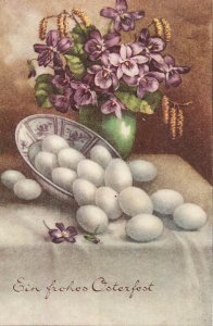 B588 German interwar era Easter greetings postcard eggs flowers vase still life