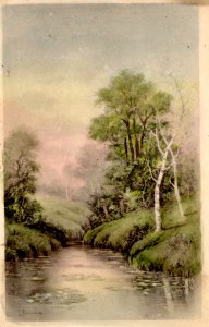 View of Trees and Stream on a Foggy Morning - Signed - Hand Colored - c1908