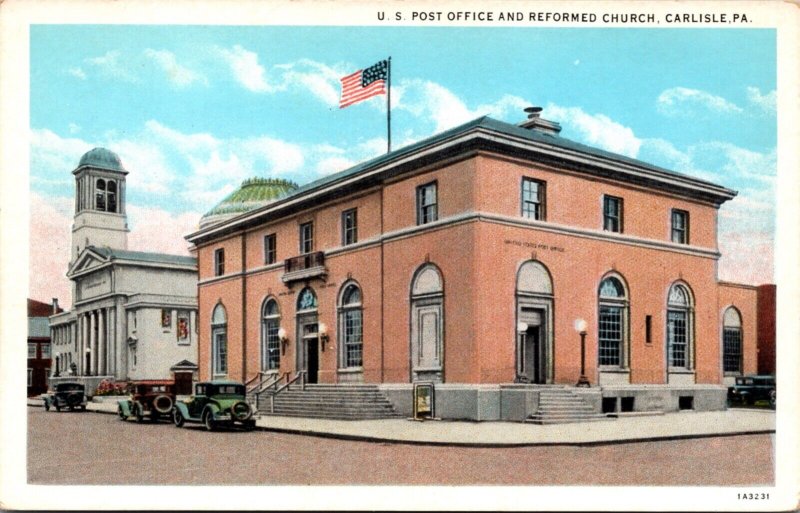 Postcard U.S Post Office and Reformed Church in Carlisle, Pennsylvania