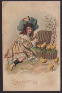 Easter Greetings,Girl,Chicks,Basket Postcard 