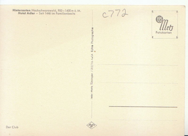 Germany Postcard - Hinterzarten - Hotel Adler - Der Club - Ref 17445A