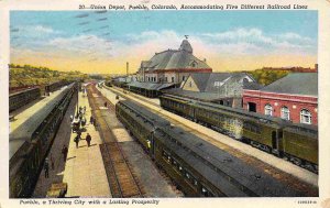 Union Railroad Depot Trains Pueblo Colorado 1944 linen postcard