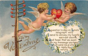 H83/ Valentine's Day Love Holiday Postcard c1910 Cupids Electric Pole 67