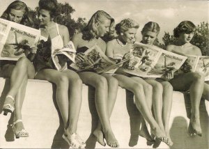 Beautiful Women, Swimsuits, Reading Newspaper, 1952, Sexy Girl, Munich Germany