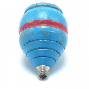 Vintage Wood Spinning Top Metal Tip Original Paint wood Blue w Red Stripe