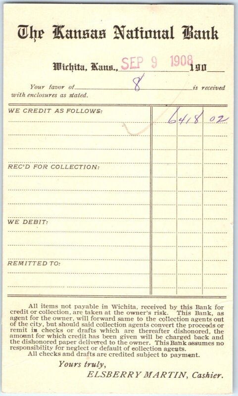 x3 LOT Sept 1908 Wichita, KS Kansas National Bank Invoice Receipt Postcards A153
