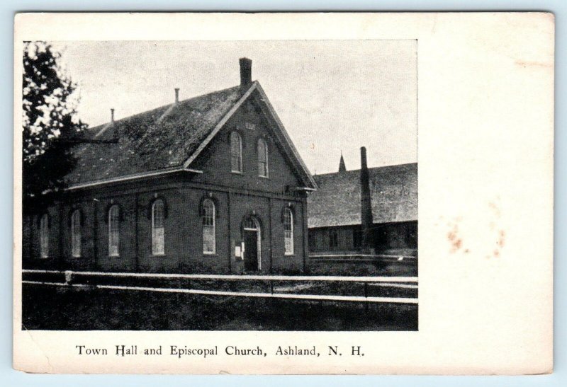 ASHLAND, NH New Hampshire TOWN HALL & EPISCOPAL CHURCH  c1900s  Postcard 